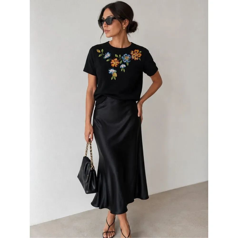 Rare Boho Alfred Dunner Black Knit Top Floral Embroidered Beaded Short Sleeve XL